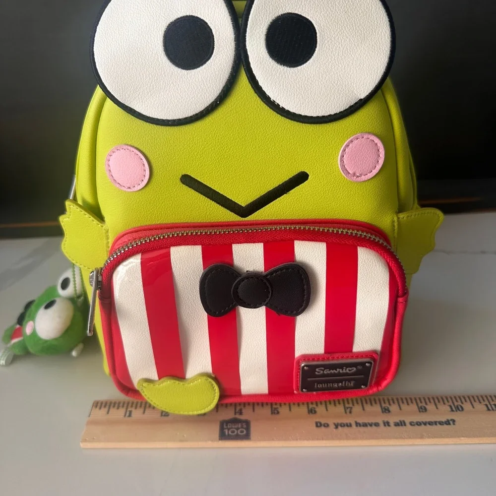 Sanrio Loungefly Keroppi Frog Mini Backpack Green Red Striped with Plush Charm